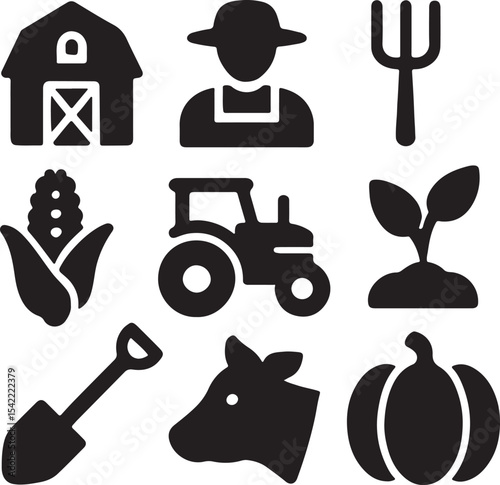 Farming and agriculture icon set. Containing farmer, tractor, corn, barn, pitchfork and shovel, hay bale, and cow. Rural life and organic farming silhouettes. Solid icon collection.