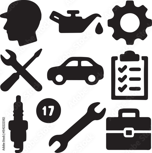 Mechanic and automotive service icon set. Containing mechanic avatar, gear with wrench, screwdriver, oil drop, battery, overalls, and toolbox symbols. Garage and vehicle repair silhouettes. Solid icon