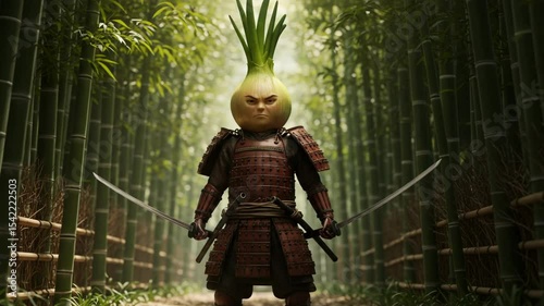 Samurai warrior with onion head in bamboo forest
