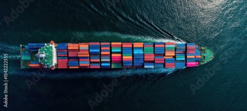 The cargo ship navigating through open waters loaded with colorful containers.