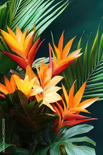 Tropical flower bouquet with vibrant colors and lush foliage