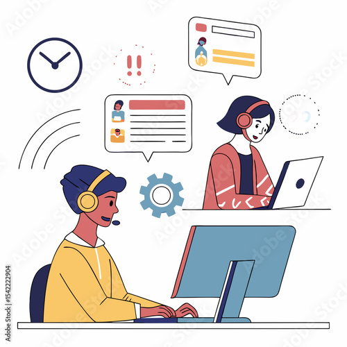 Call center set. Characters using artificial intelligence generative tools for communication. Helpdesk, hotline, customer support service concept. Vector illustration.