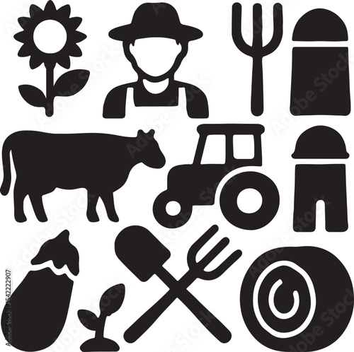 Farming and agriculture icon set. Containing farmer, tractor, corn, barn, pitchfork and shovel, hay bale, and cow. Rural life and organic farming silhouettes. Solid icon collection.