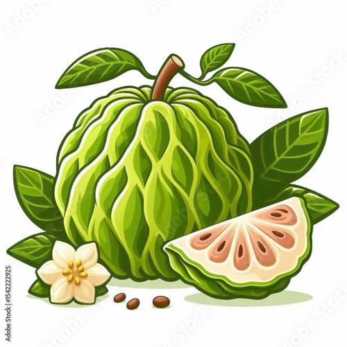 Illustration of an atemoya fruit with leaves a slice seeds and a blossom