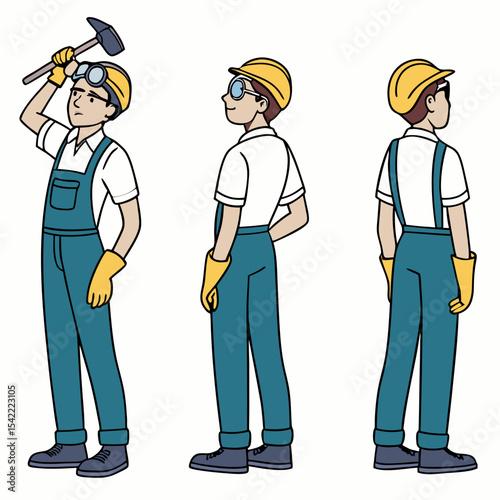 Technician worker wearing overall uniform, protective goggle holding hammer tool. Character for animation. Front, side and back view set. Body parts, postures, poses collection. Vector illustration