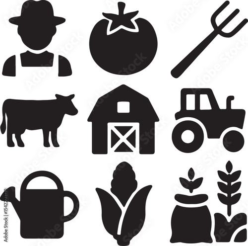 Farming and agriculture icon set. Containing farmer, tractor, corn, barn, pitchfork and shovel, hay bale, and cow. Rural life and organic farming silhouettes. Solid icon collection.