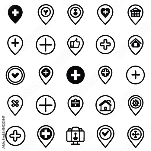 Collection of black and white map marker icons with various symbols on transparent background