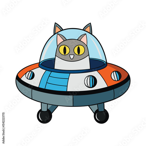 Cartoon Illustration of a Cat in a Flying Saucer on White Background. Vector Artwork of a Feline Pilot in an Alien Spaceship