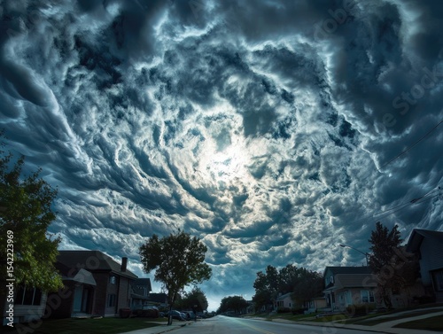 Dramatic storm clouds over a residential street.  