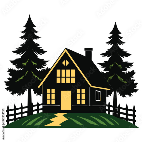 Silhouette of a traditional wooden farmhouse at sunset