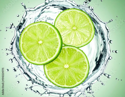 Zesty Splash: Capturing the essence of refreshment, three vibrant lime slices are suspended in a dynamic splash of water, evoking a sense of purity and invigorating taste. 