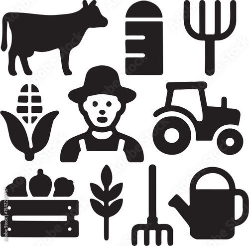 Farming and agriculture icon set. Containing farmer, tractor, corn, barn, pitchfork and shovel, hay bale, and cow. Rural life and organic farming silhouettes. Solid icon collection.