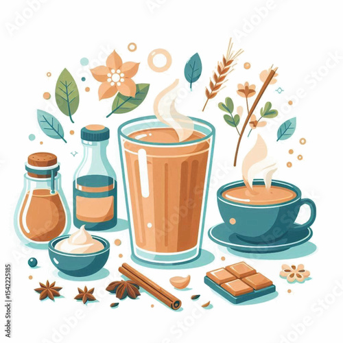 Illustration of tea ingredients including a glass cup spices and leaves