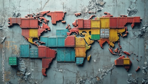 World map formed by colorful shipping containers on a weathered surface