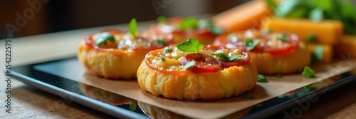 Close-up of appetizing food on a tablet screen, layout, vegetarian, technology