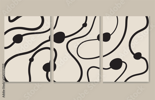  This visual shows a triptych of abstract art. Each panel features a beige background with a pattern of black, flowing lines and circles. The style is minimalist and modern, suitable for contemporary 