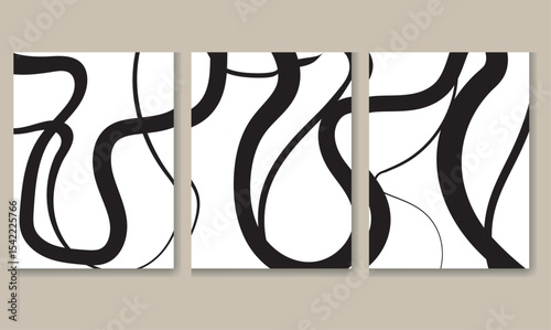  A contemporary triptych featuring abstract black line art on a beige background. The design incorporates swirling lines and circular motifs, creating a visually engaging and modern piece of art.