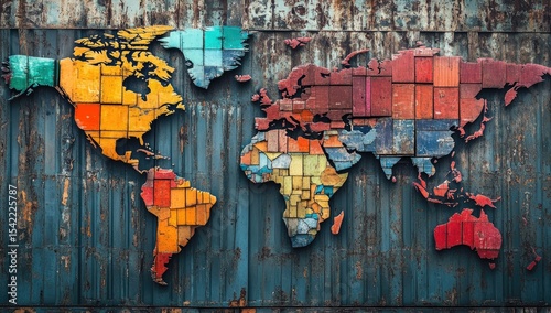World map, mosaic style, on a weathered metal surface.  Colorful, rectangular blocks form the continents.  Rustic, industrial backdrop