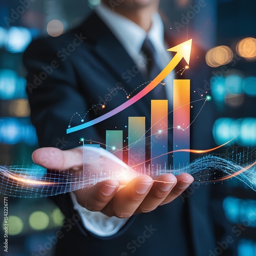 Businessman holding growing bar graph with upward arrow