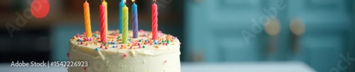 Vanilla birthday cake with rainbow candles, sprinkles, and a festive topper , party, happy