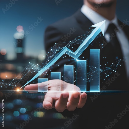 Businessman holding futuristic growth chart with arrow