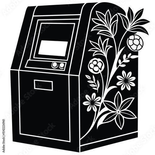 Atm machine with various floral decoration silhouette black  vector art design