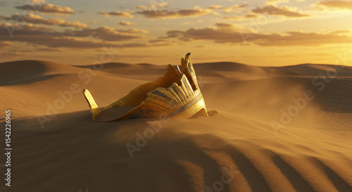 Photorealistic scene of wind-blown sand partially burying the top of a pharaoh’s carved crown