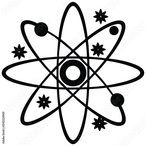 Atomic energy cycle with various floral decoration stylish silhouette black vector art design