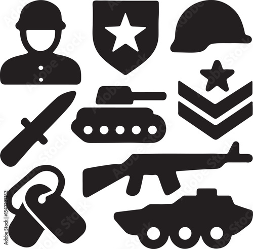 Military and tactical icon set. Containing helmet, rifle, rocket, tank, chevron, walkie-talkie, gas mask, boot, knife, and stars. Army and defense silhouettes. Solid icon collection.