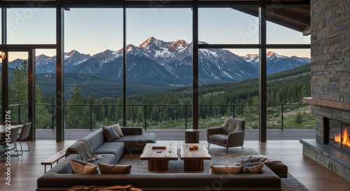 Luxury hotel living room with fireplace, expansive sea view from a large window, and modern interior design