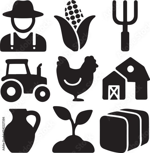Farming and agriculture icon set. Containing farmer, tractor, corn, barn, pitchfork and shovel, hay bale, and cow. Rural life and organic farming silhouettes. Solid icon collection.