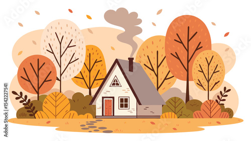 House in the forest surrounded by autumn trees in countryside landscape Vector illustration.