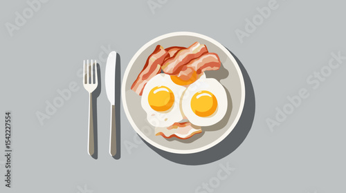 Plate with bacon and fried eggs with fork and knife on gray background Nutrition and diets