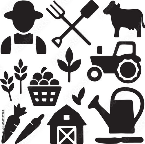 Farming and agriculture icon set. Containing farmer, tractor, corn, barn, pitchfork and shovel, hay bale, and cow. Rural life and organic farming silhouettes. Solid icon collection.
