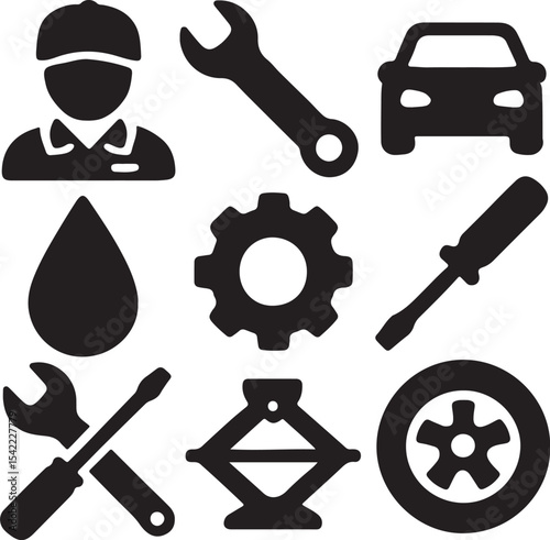 Mechanic and automotive service icon set. Containing mechanic avatar, gear with wrench, screwdriver, oil drop, battery, overalls, and toolbox symbols. Garage and vehicle repair silhouettes. Solid icon