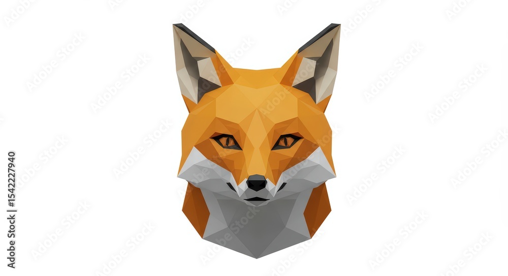 Fototapeta premium Low Poly Fox Head, Geometric Animal Portrait, 3D Render, Orange Fur, Wildlife Art