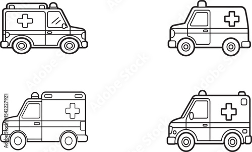 Four simple black and white illustrations of ambulance vehicles for medical and emergency situations