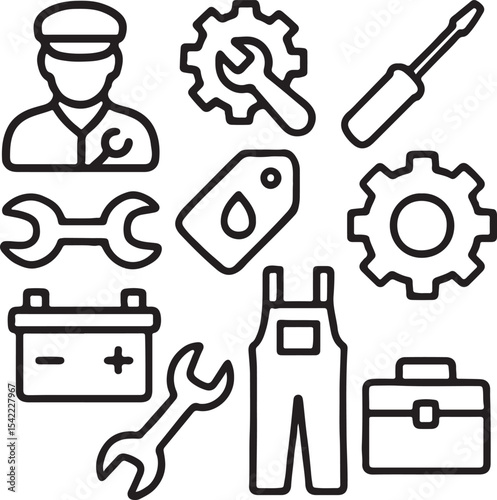 Mechanic and automotive service icon set. Containing mechanic avatar, gear with wrench, screwdriver, oil drop, battery, overalls, and toolbox symbols. Garage and vehicle repair silhouettes. Solid icon