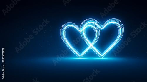 Neon heart with a glow on the background of a dark brick wall. Neon sign blue.