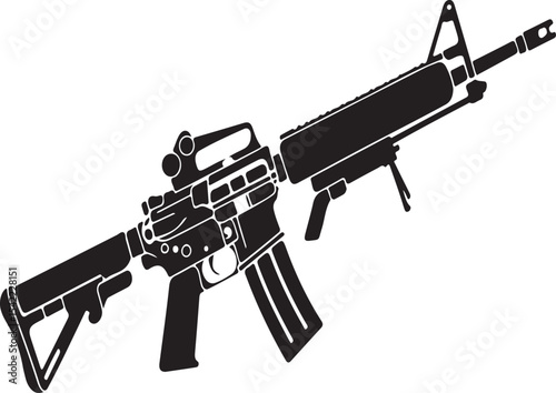 Silhouette illustration of a modern assault rifle depicting weaponry and military concepts