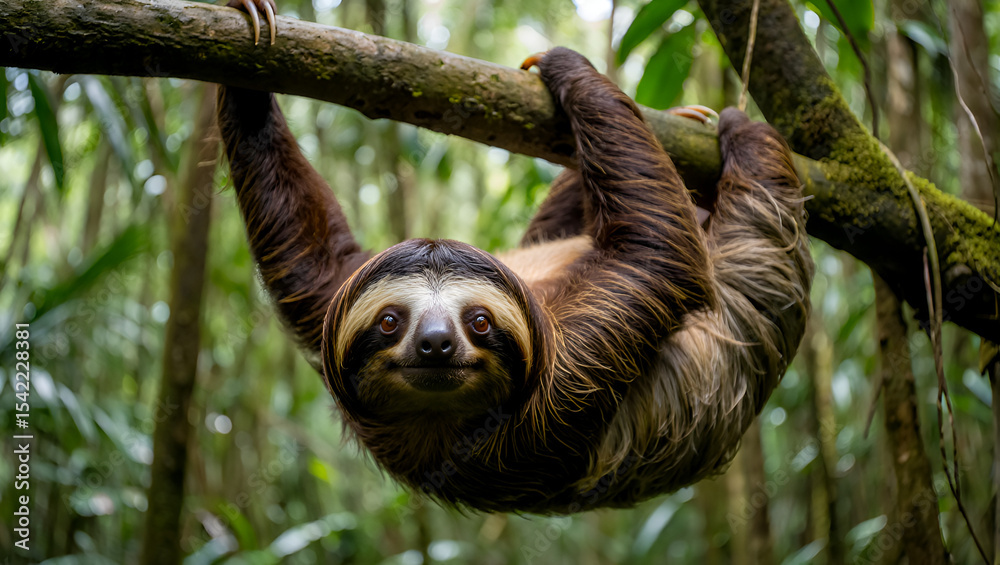 Fototapeta premium Adorable Sloth Hanging from a Branch in Lush Rainforest