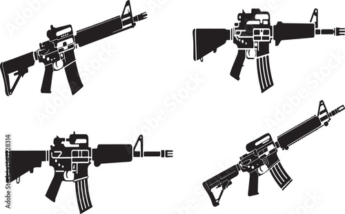 Vector illustration depicting detailed silhouette views of modern assault rifles on white background