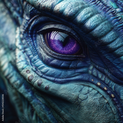 A close-up of the eye and head of an alien creature with blue skin and purple eyes