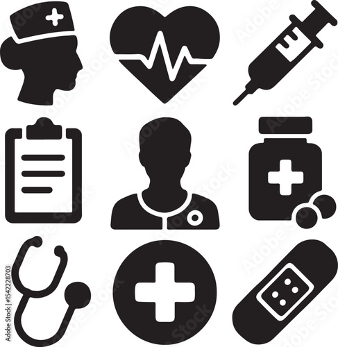 Medical and healthcare icon set. Containing syringe, nurse, heart with ECG, stethoscope, medicine bottle, and doctor symbols. Hospital and health service silhouettes. Solid icon collection.