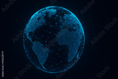 Digital globe made of blue dots and connected lines, floating over black background