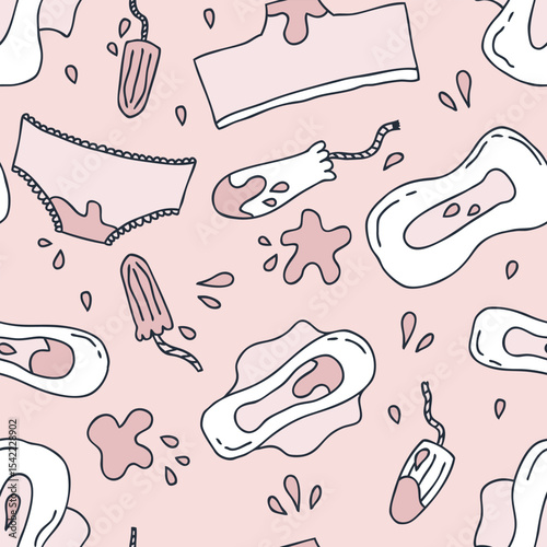 Female gynecological hygiene products doodle seamless pattern. Menstruation period supplies print for paper, textile, label, sale. Hand drawn vector background.