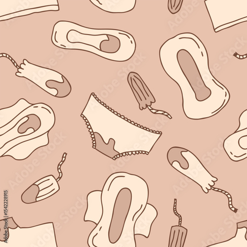 Female hygiene products seamless pattern in trendy mocha mousse colors. Menstruation period supplies template. Hand drawn vector illustration background.