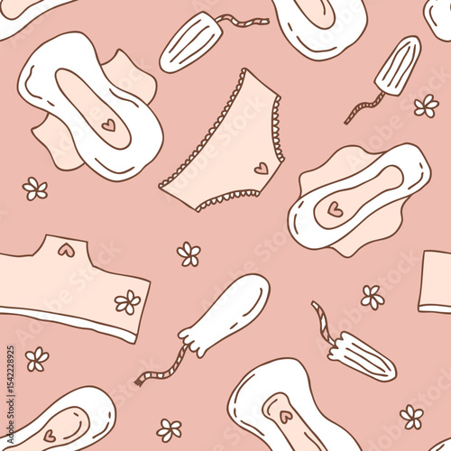 Women period doodle seamless pattern in flat style. Tampons and pads gynecological hygiene products template. Hand drawn vector background.