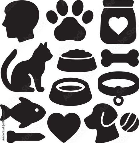 Pet care icon set. Containing dog, cat, paw print, food bowls, fish, bone, collar, pet jar, heart, and human avatar. Domestic animal and pet ownership silhouettes. Solid icon collection.