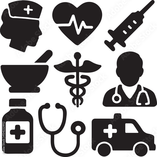 Medical and healthcare icon set. Containing syringe, nurse, heart with ECG, stethoscope, medicine bottle, and doctor symbols. Hospital and health service silhouettes. Solid icon collection.
